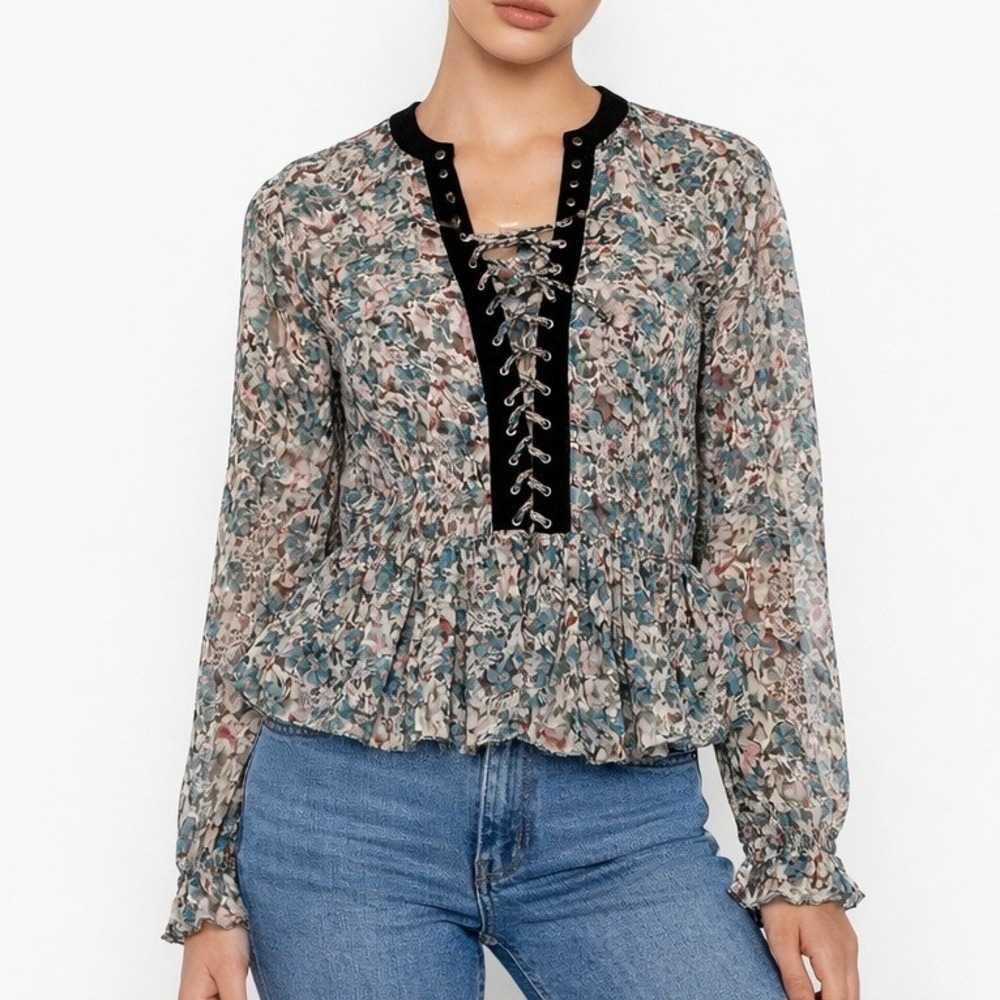 Zara Boho Floral Velvet Lace Up Blouse XS Sheer Peplum Festival Chiffon Light